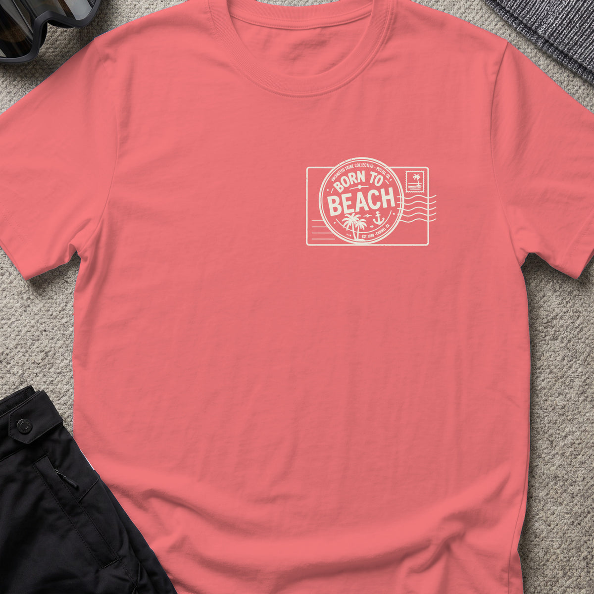 Born To Beach T-Shirt in Coral Silk, front view.