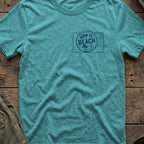 Born To Beach T-Shirt in Heather Galapagos Blue, front view.