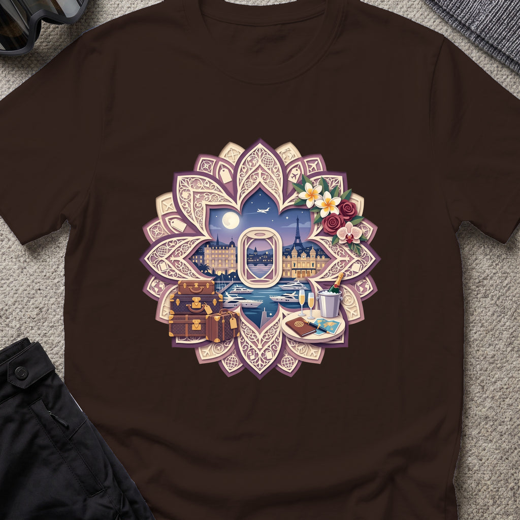 Floral Travel T-Shirt in Dark Chocolate, front view.