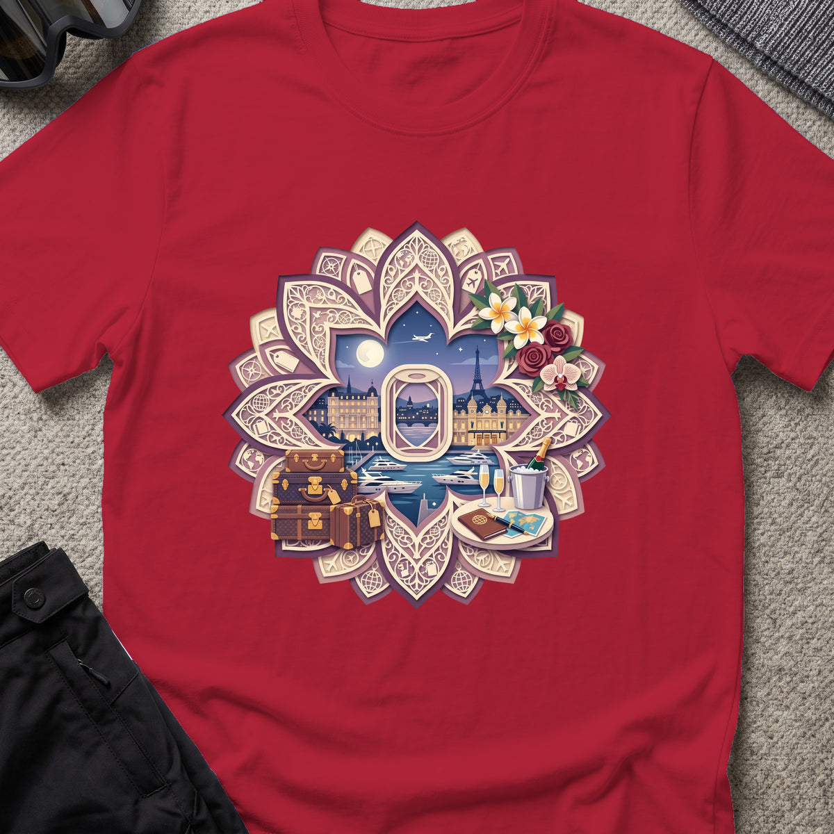 Floral Travel T-Shirt in Antique Cherry Red, front view.