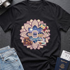 Floral Travel T-Shirt in Black, front view.