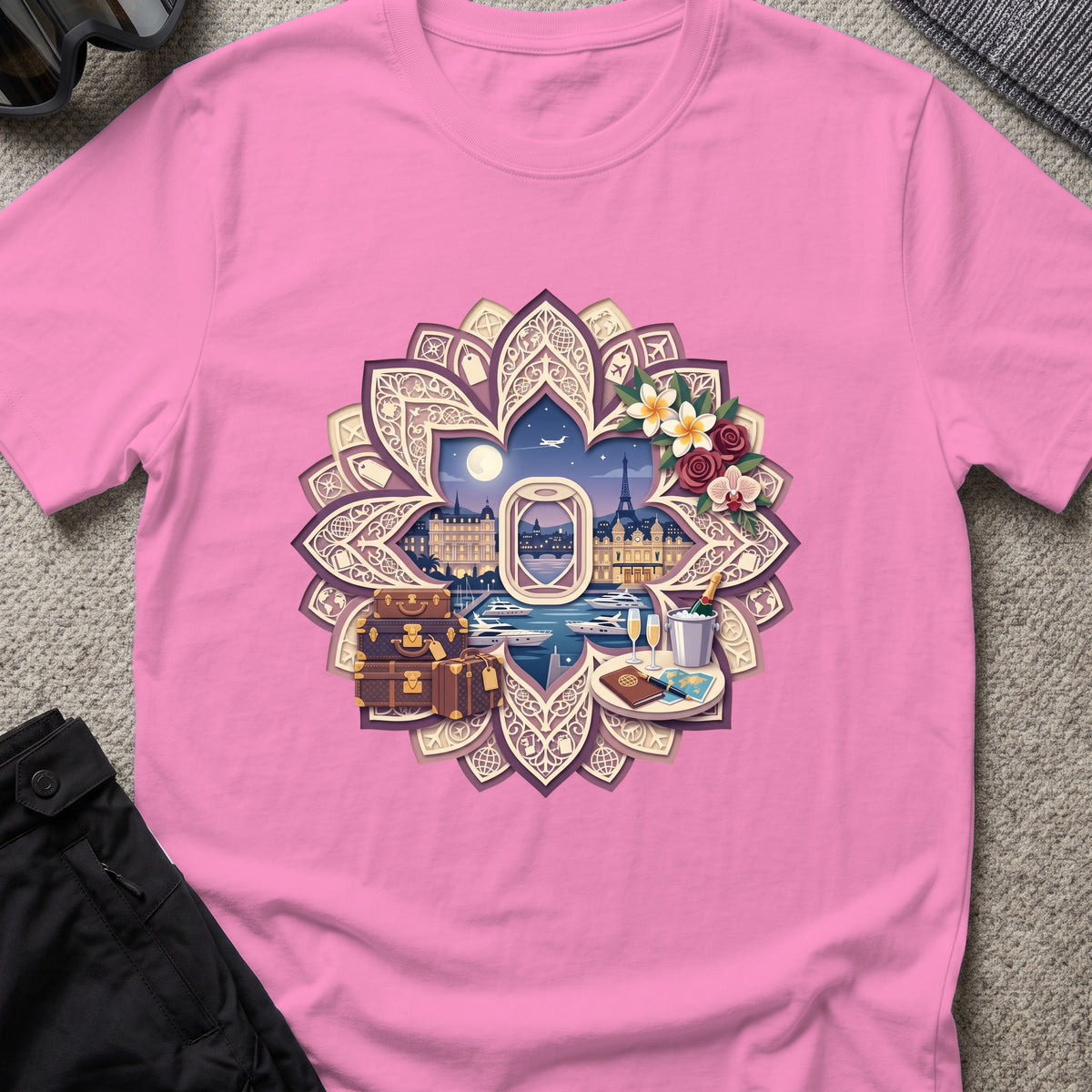 Floral Travel T-Shirt in Azalea, front view.