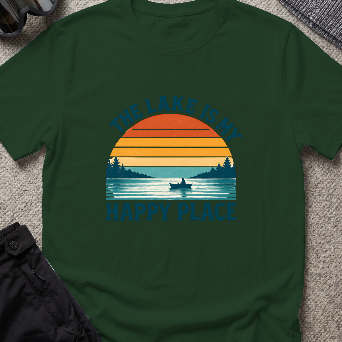 Lake Sunset Happy Place T-Shirt in Forest Green, front view.