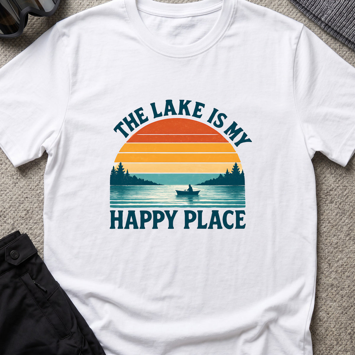 Lake Sunset Happy Place T-Shirt in White, front view.