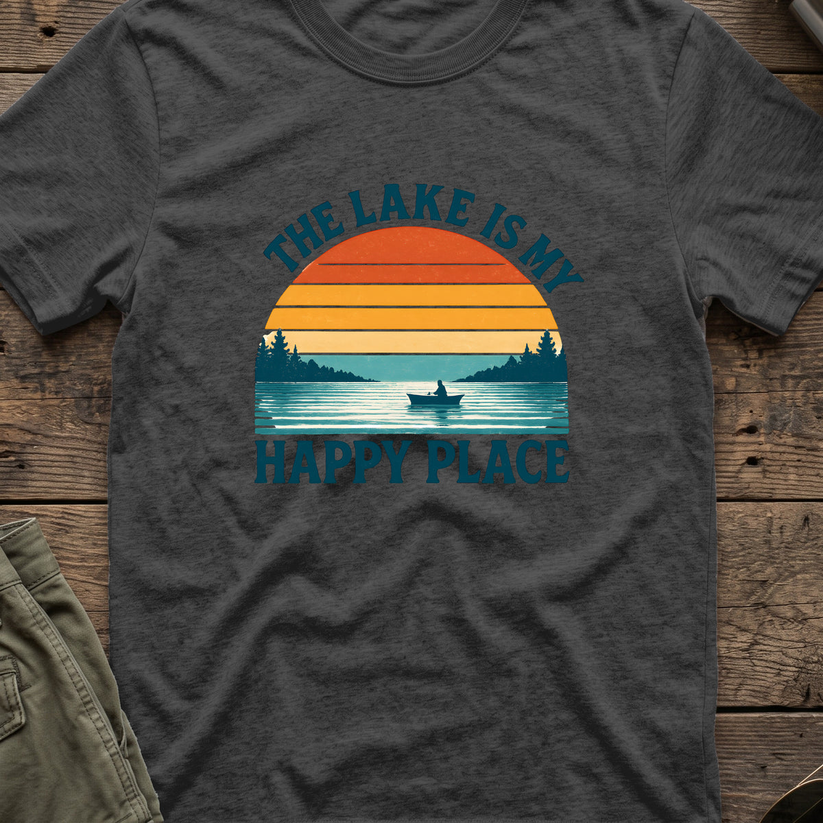 Lake Sunset Happy Place T-Shirt in Dark Heather, front view.