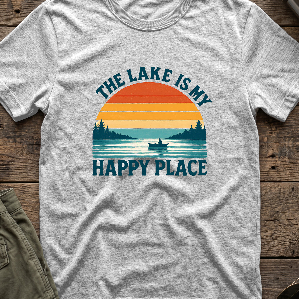 Lake Sunset Happy Place T-Shirt in Sport Grey, front view.