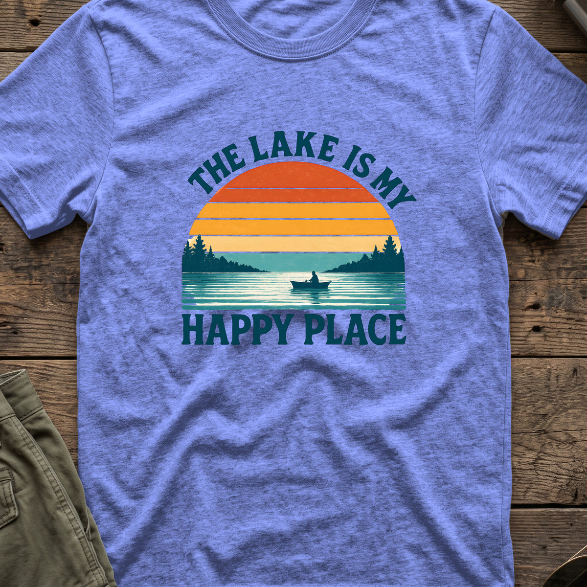 Lake Sunset Happy Place T-Shirt in Heather Royal, front view.