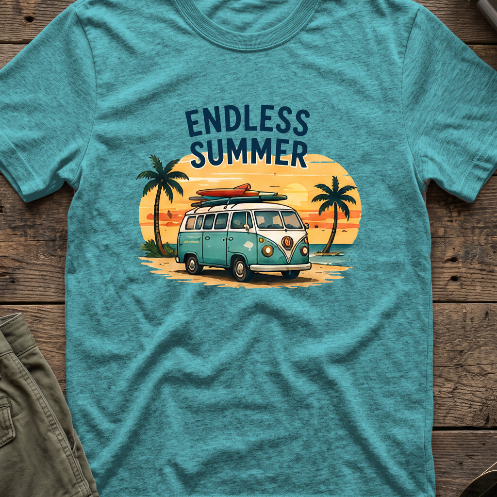 Endless Summer T-Shirt in Heather Galapagos Blue, front view.