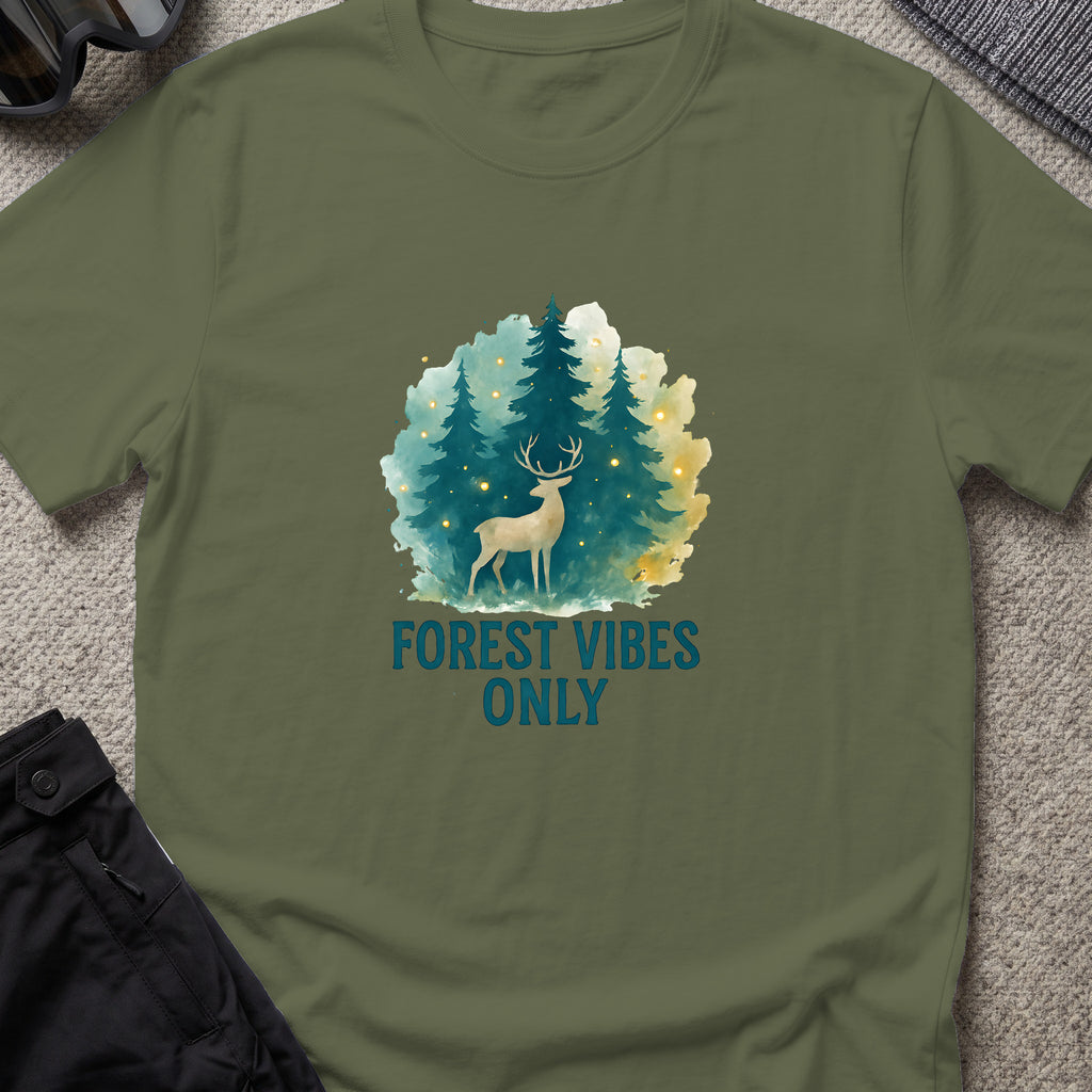 Forest Vibes Only T-Shirt in Military Green, front view.