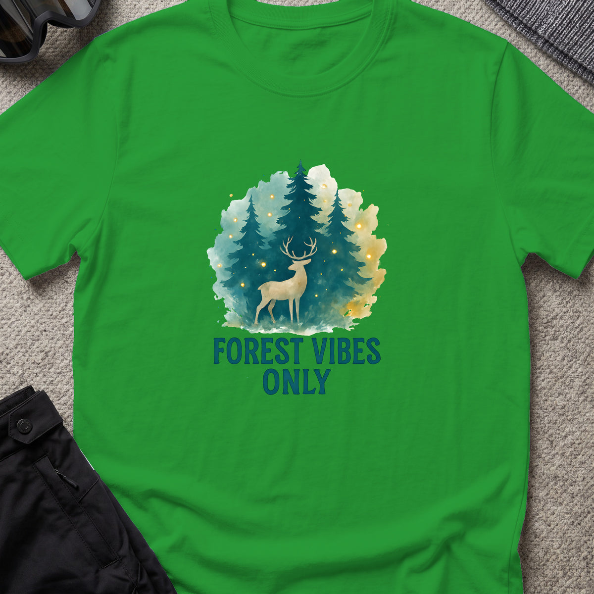Forest Vibes Only T-Shirt in Irish Green, front view.