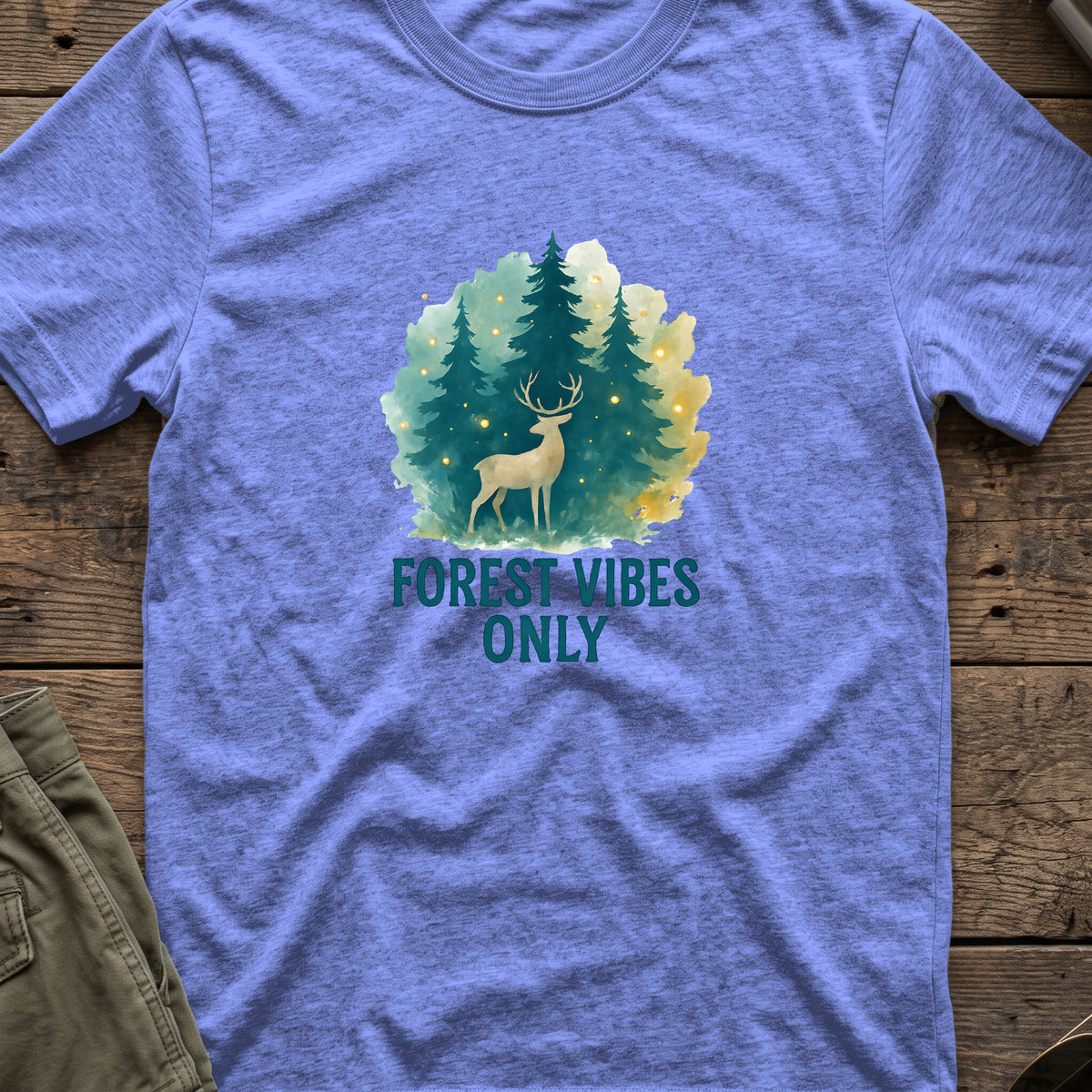 Forest Vibes Only T-Shirt in Heather Royal, front view.