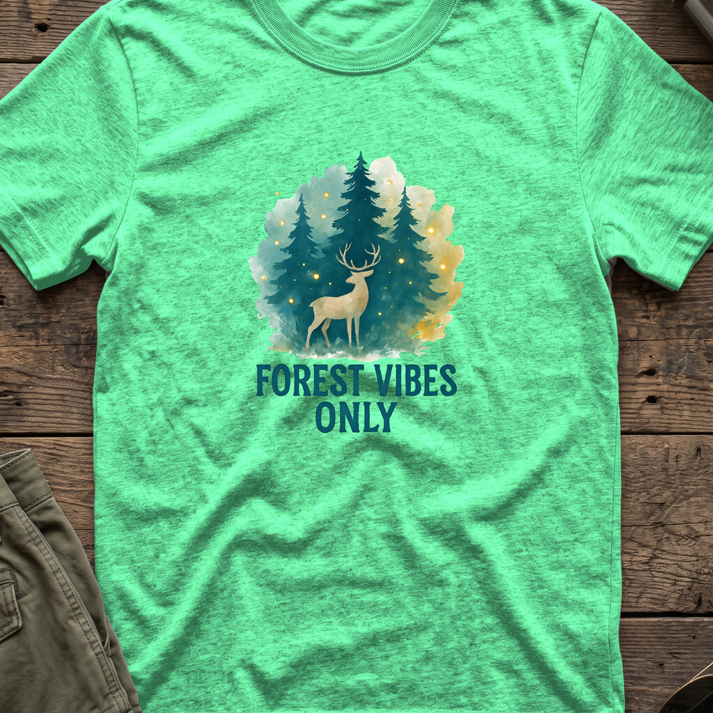 Forest Vibes Only T-Shirt in Heather Irish Green, front view.