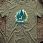 Forest Vibes Only T-Shirt in Heather Military Green, front view.