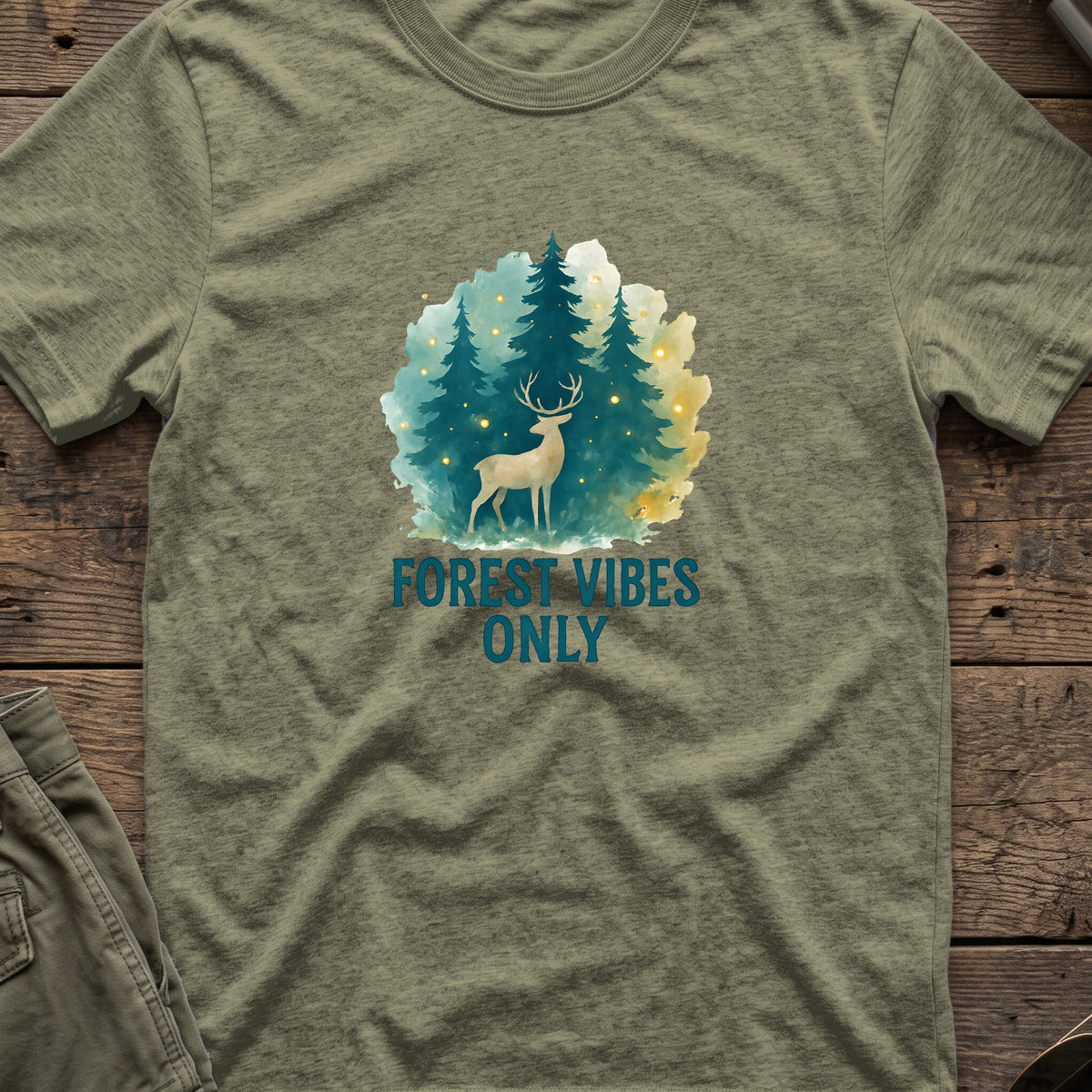 Forest Vibes Only T-Shirt in Heather Military Green, front view.