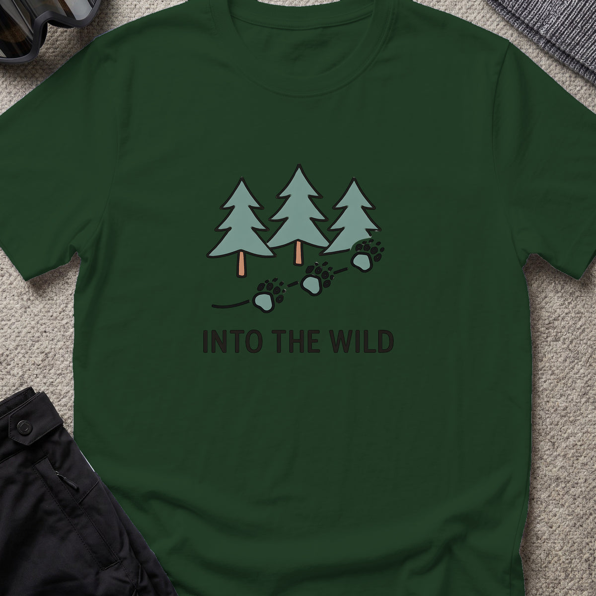 Pine Forest Footprints T-Shirt in Forest Green, front view.