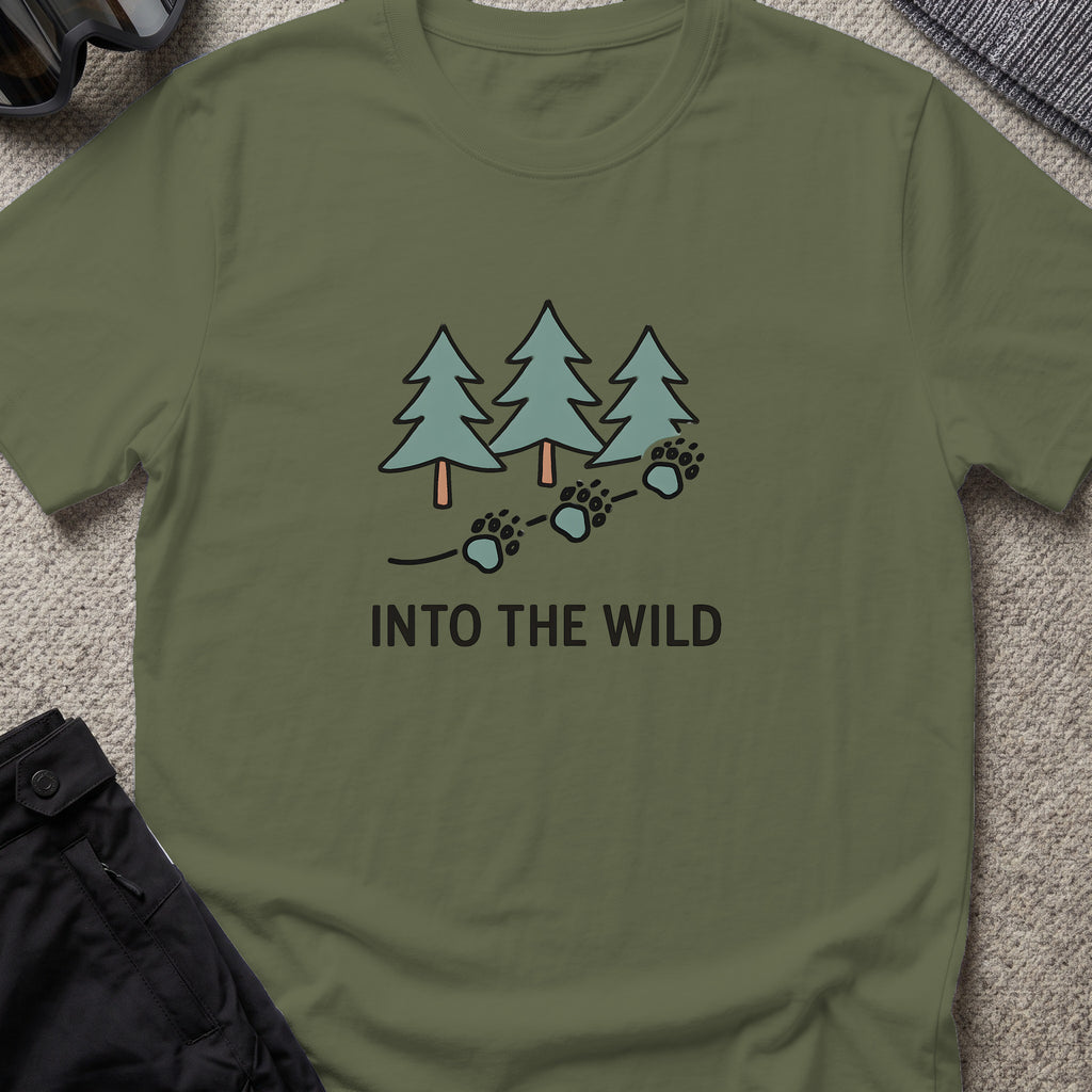 Pine Forest Footprints T-Shirt in Military Green, front view.