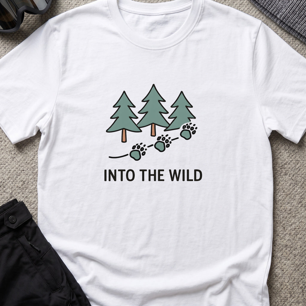 Pine Forest Footprints T-Shirt in White, front view.