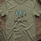 Pine Forest Footprints T-Shirt in Heather Military Green, front view.
