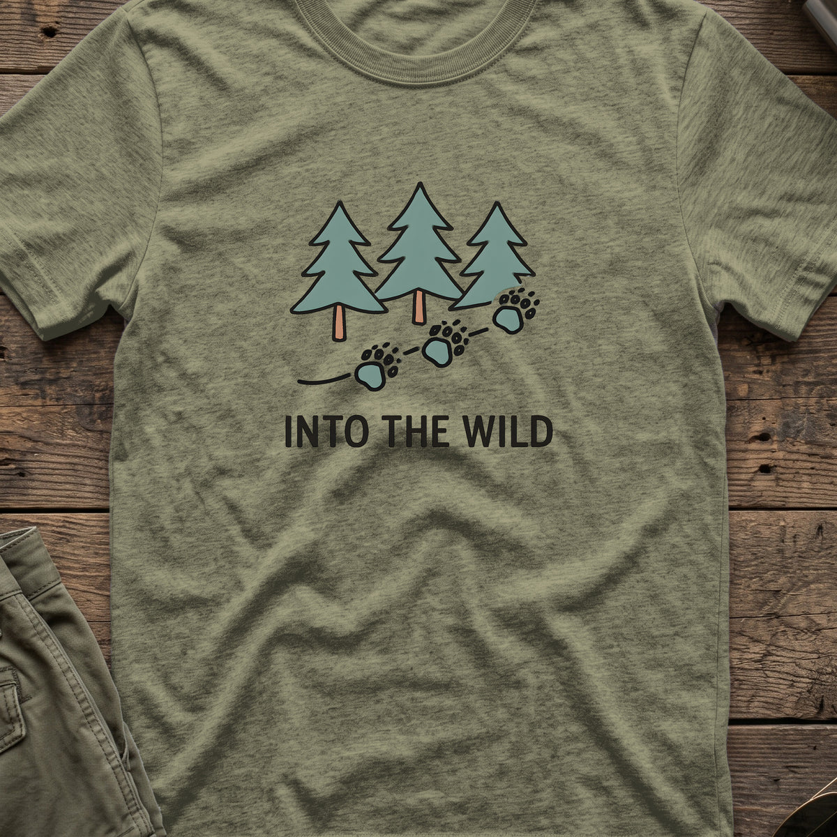 Pine Forest Footprints T-Shirt in Heather Military Green, front view.