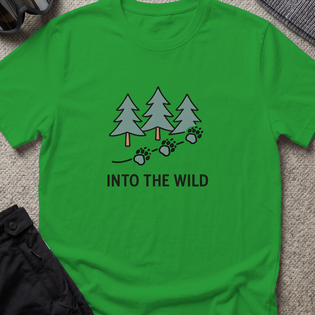Pine Forest Footprints T-Shirt in Irish Green, front view.