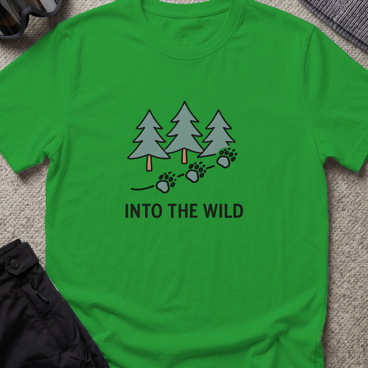 Pine Forest Footprints T-Shirt in Irish Green, front view.