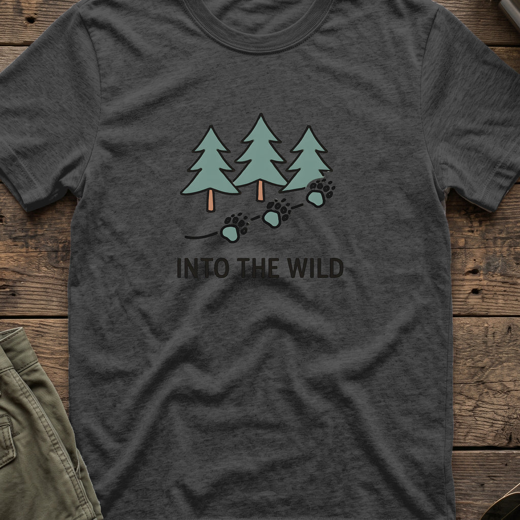 Pine Forest Footprints T-Shirt in Dark Heather, front view.