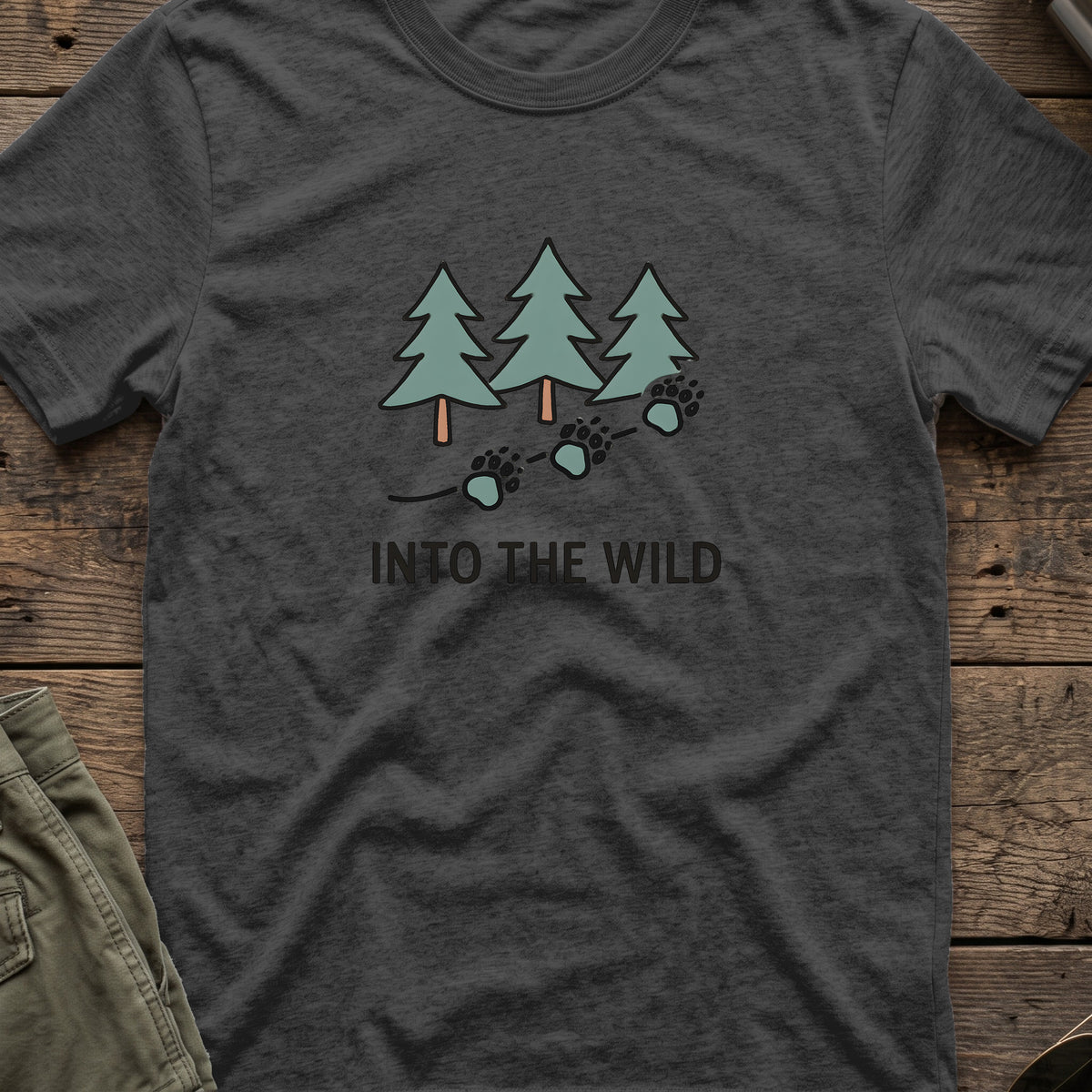 Pine Forest Footprints T-Shirt in Dark Heather, front view.