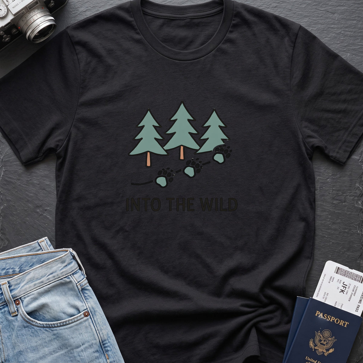 Pine Forest Footprints T-Shirt in Black, front view.