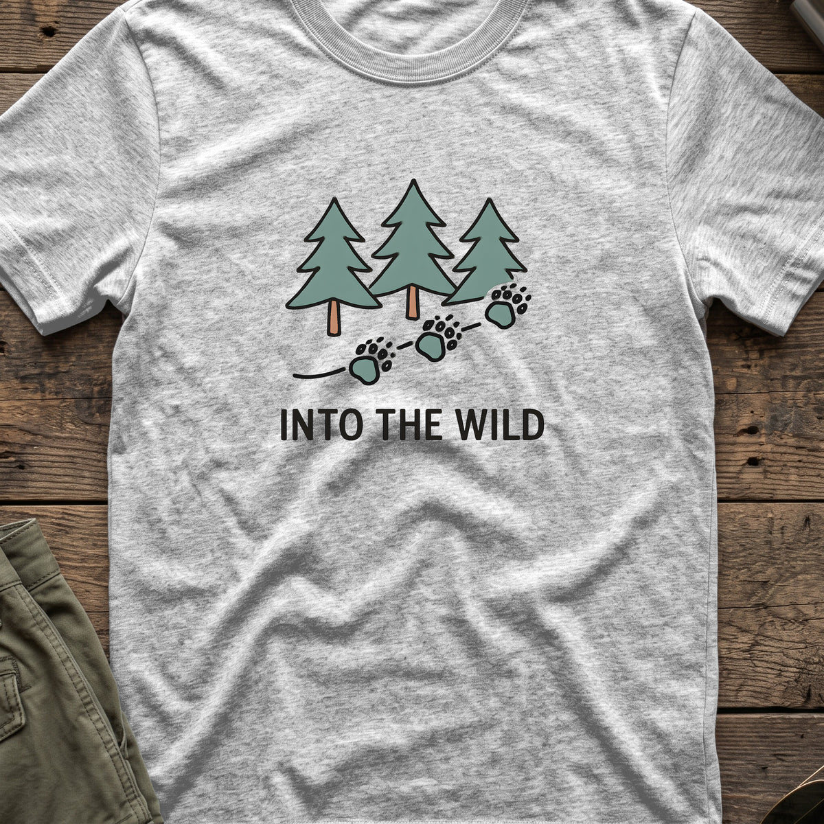 Pine Forest Footprints T-Shirt in Sport Grey, front view.
