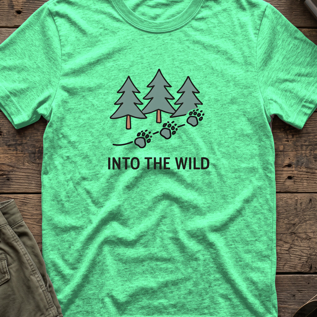 Pine Forest Footprints T-Shirt in Heather Irish Green, front view.