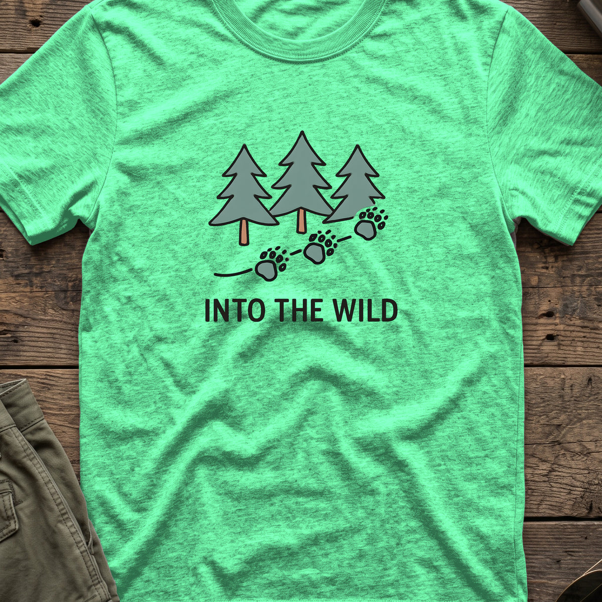 Pine Forest Footprints T-Shirt in Heather Irish Green, front view.