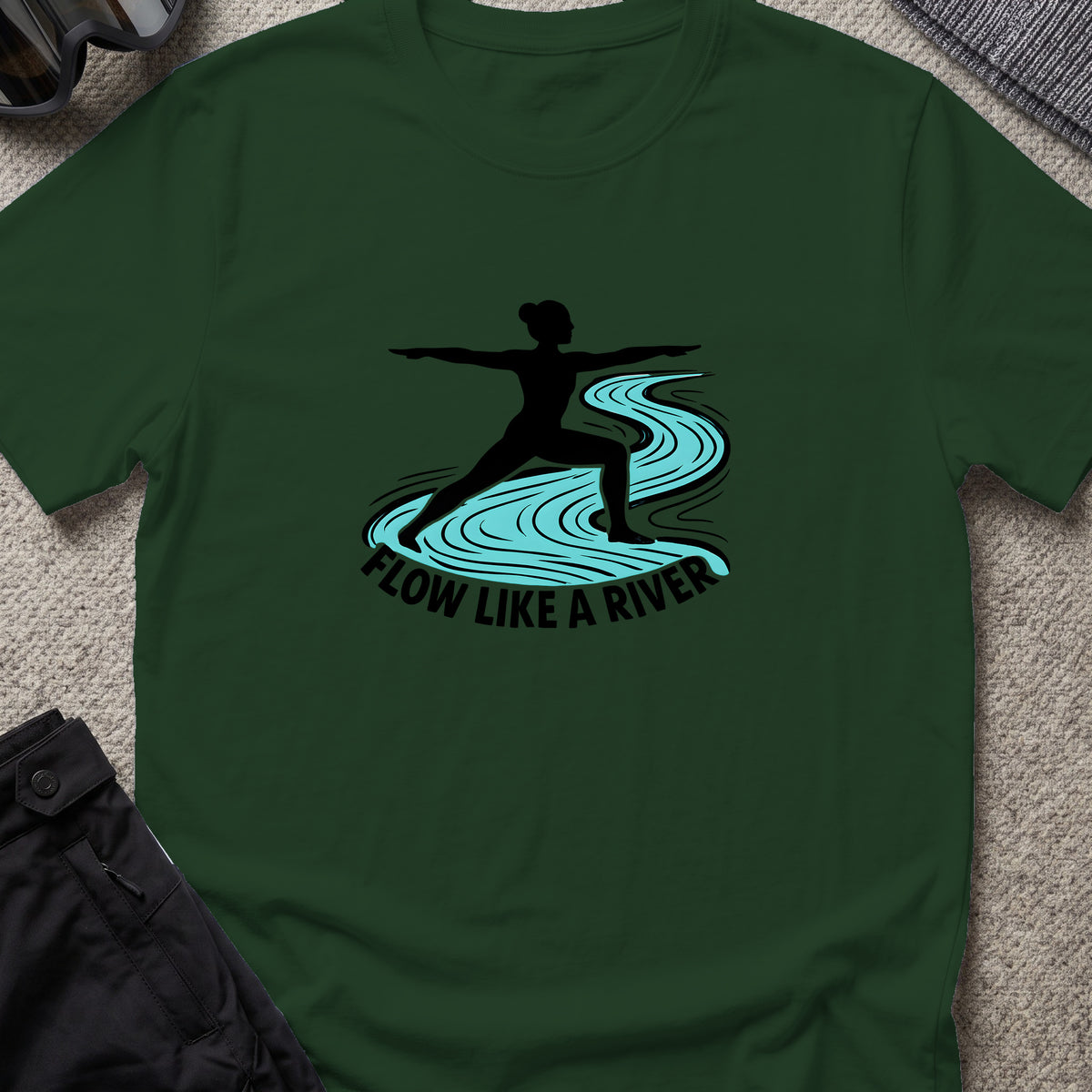 Flow Like a River T-Shirt in Forest Green, front view.