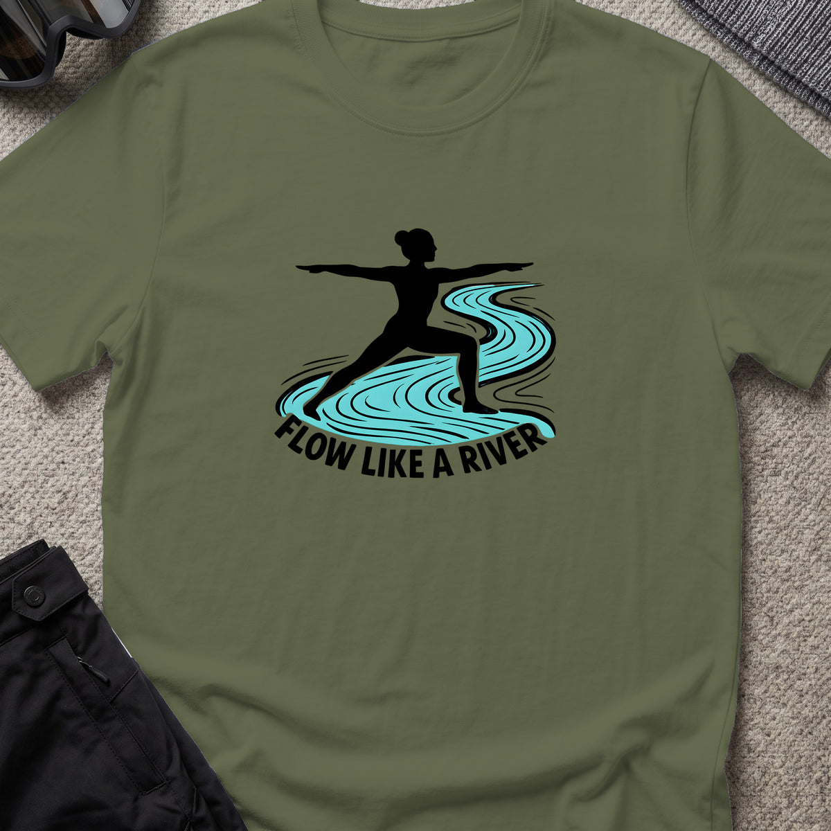 Flow Like a River T-Shirt in Military Green, front view.