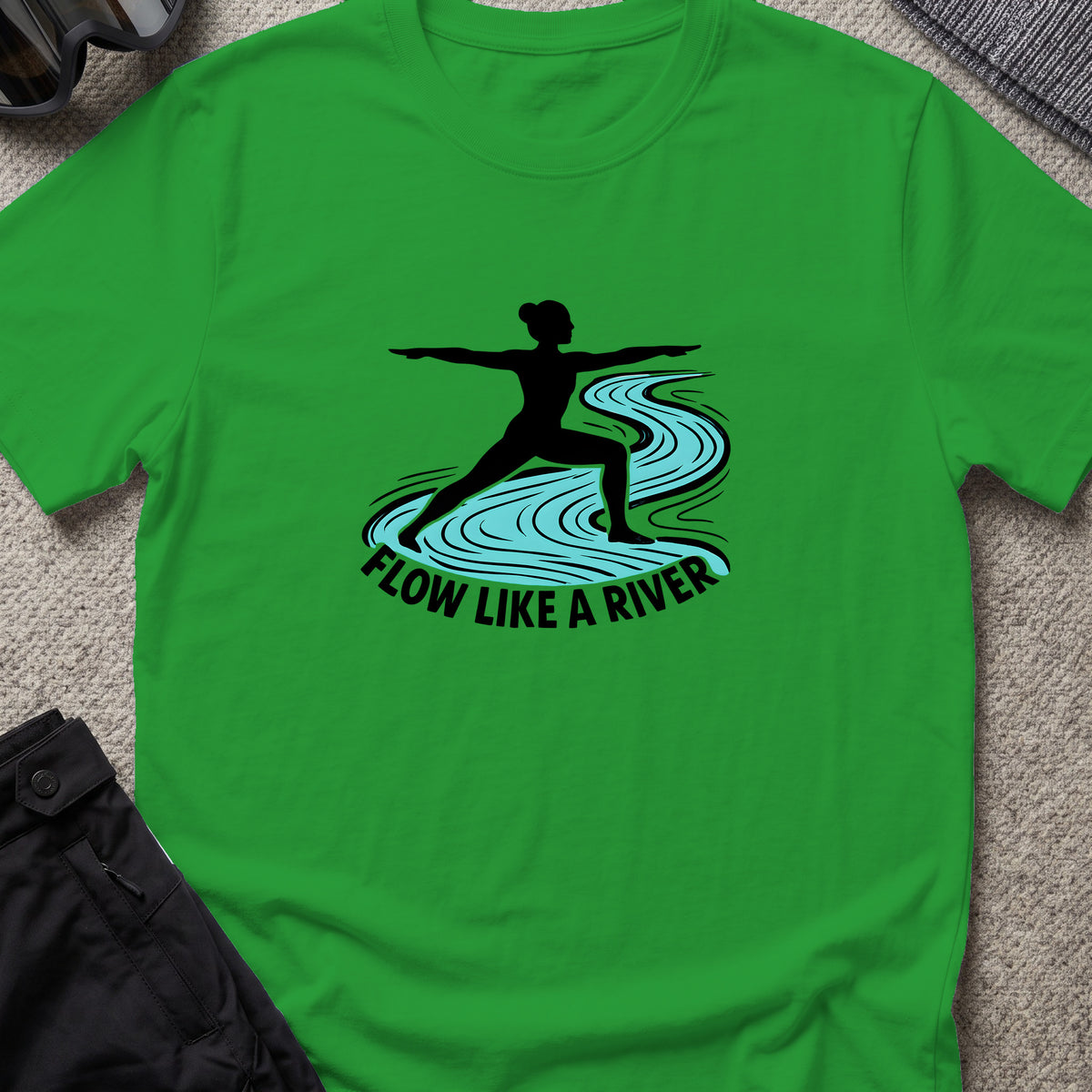 Flow Like a River T-Shirt in Irish Green, front view.
