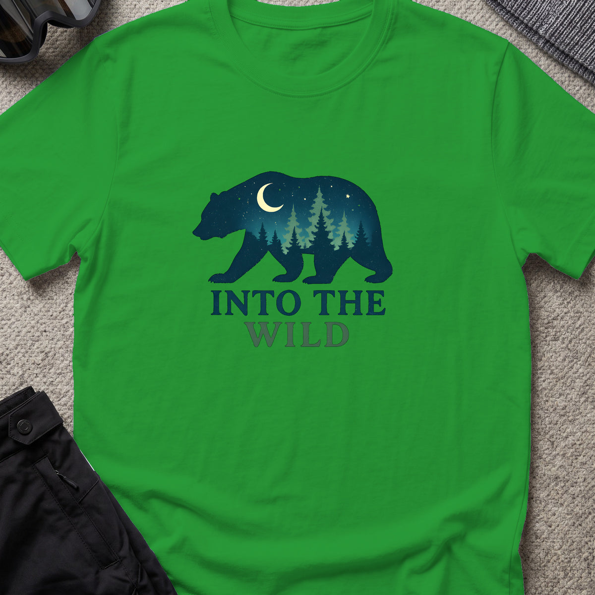 Into the Wild T-Shirt in Irish Green, front view.