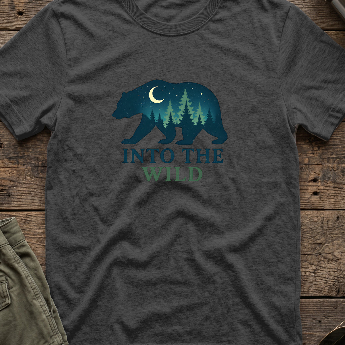 Into the Wild T-Shirt in Dark Heather, front view.