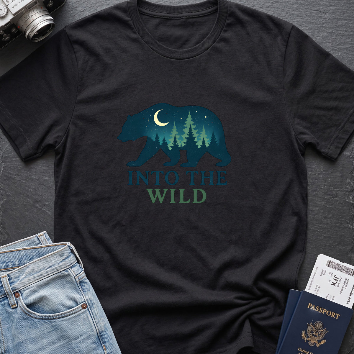 Into the Wild T-Shirt in Black, front view.