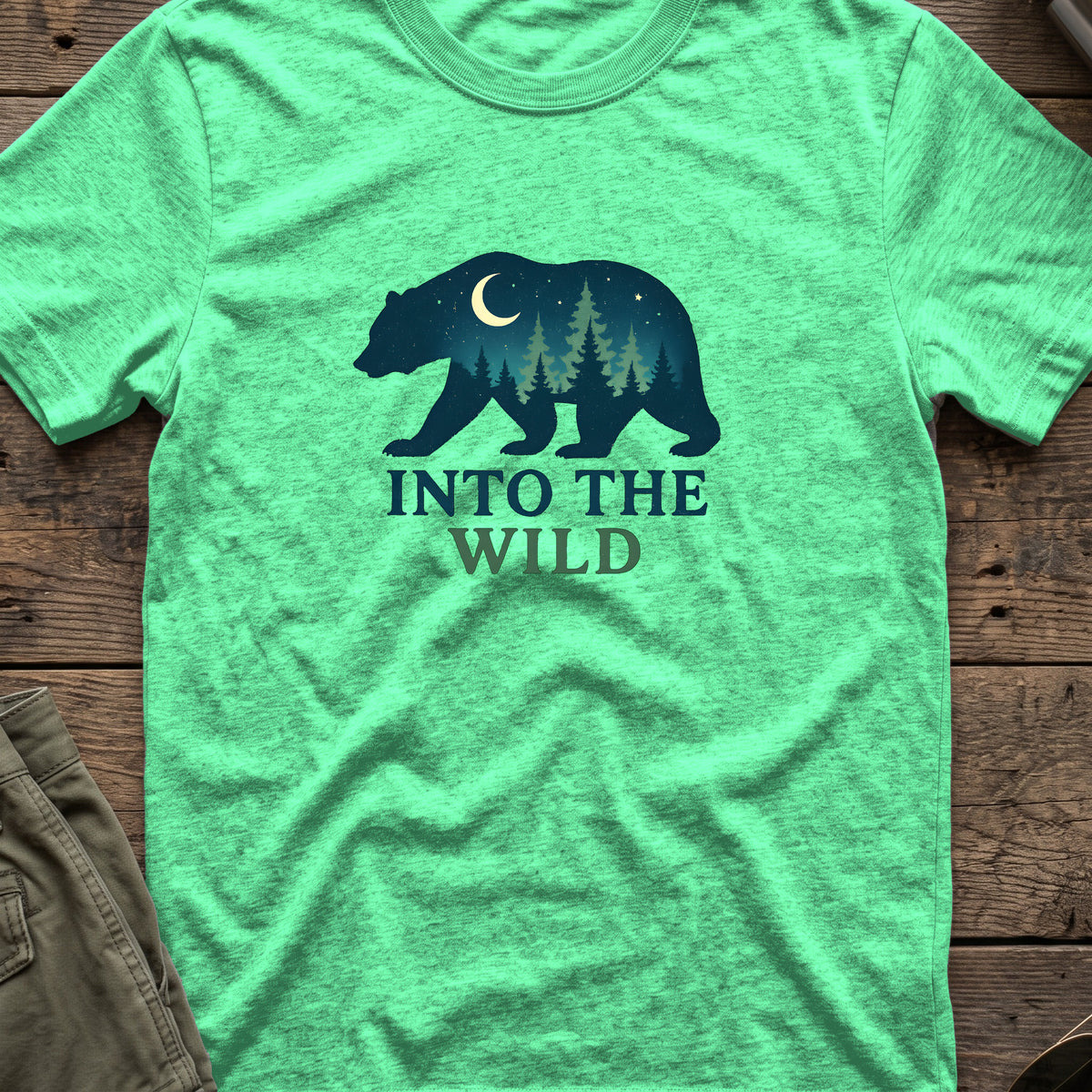 Into the Wild T-Shirt in Heather Irish Green, front view.