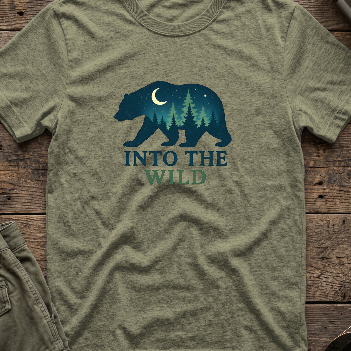 Into the Wild T-Shirt in Heather Military Green, front view.