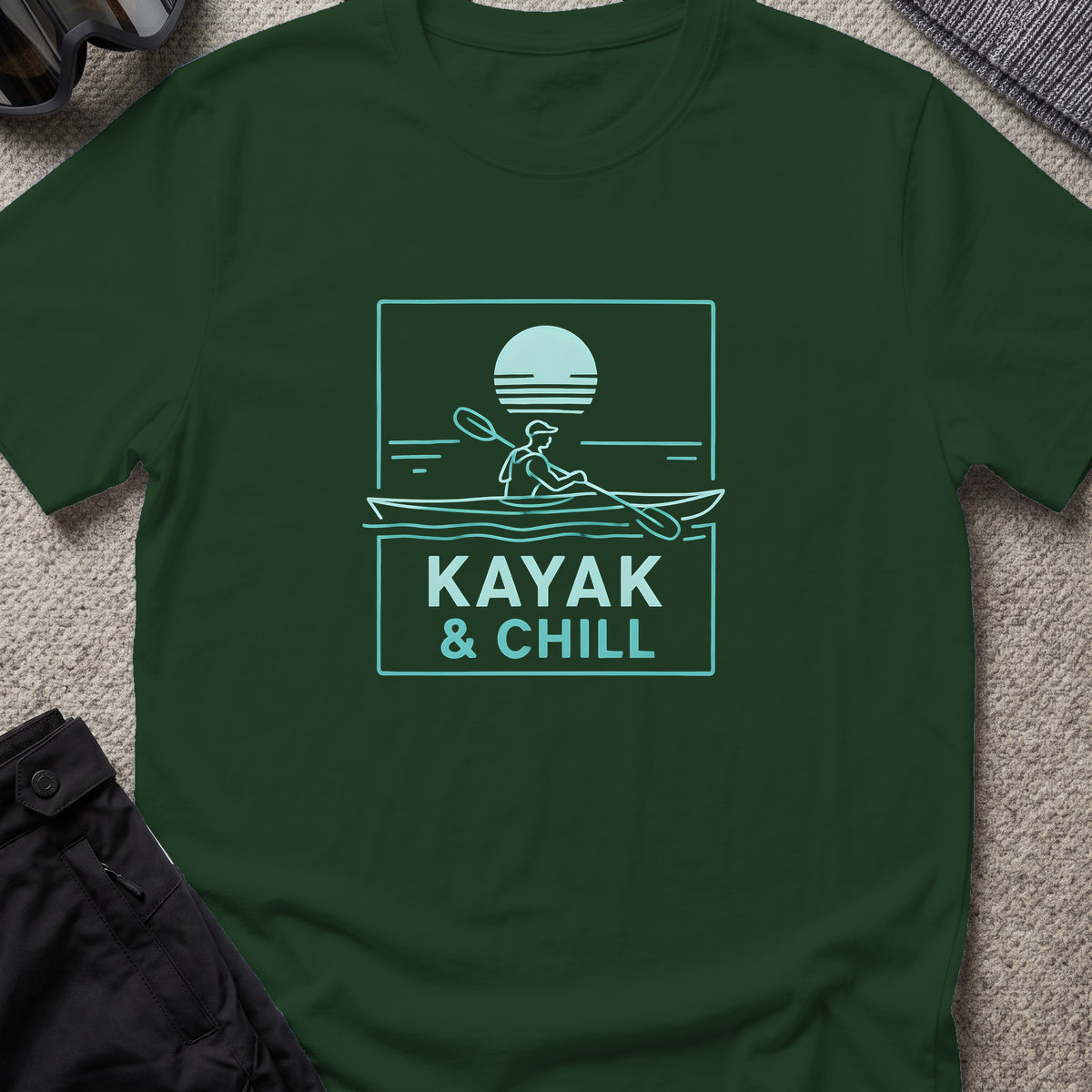 Kayak and Chill T-Shirt in Forest Green, front view.