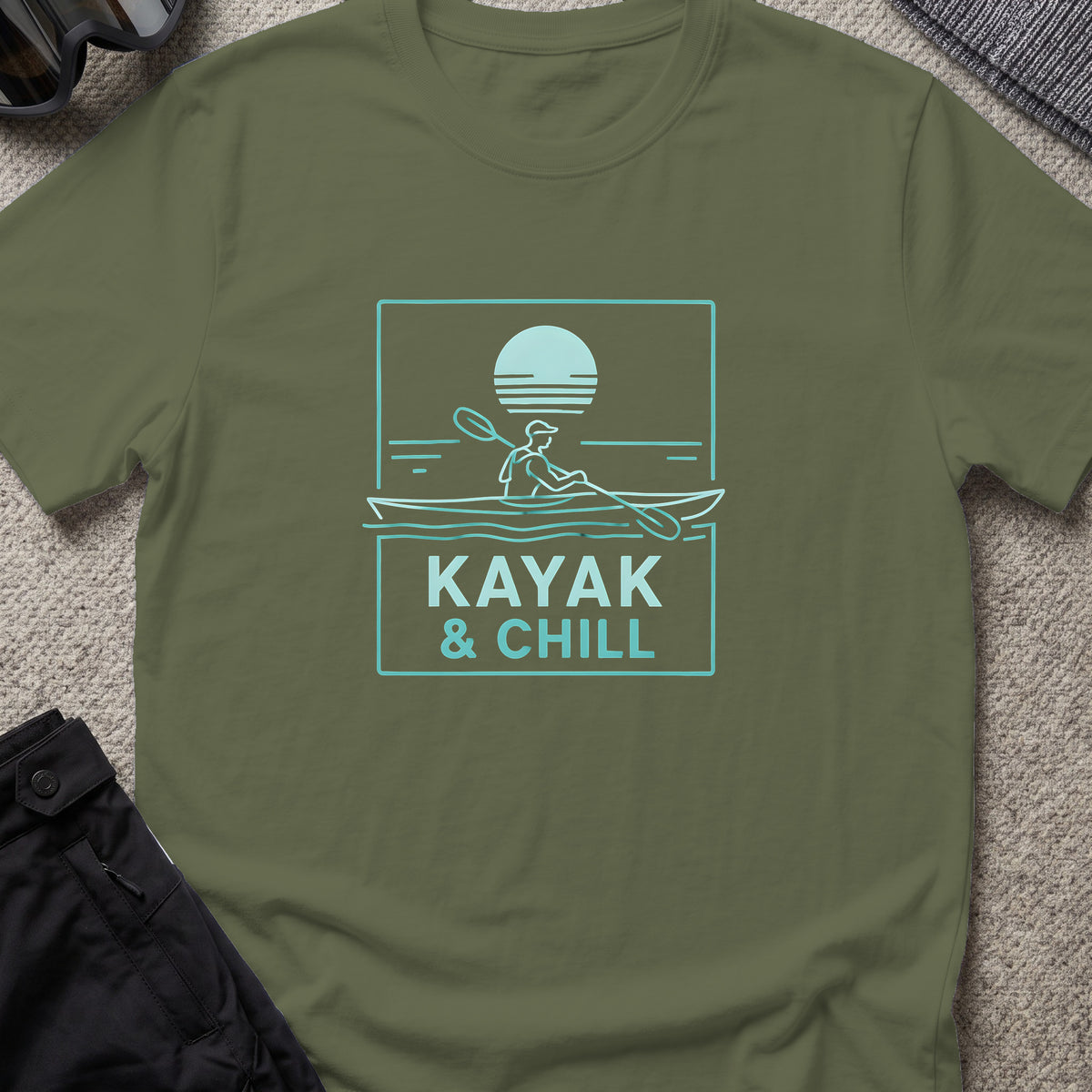 Kayak and Chill T-Shirt in Military Green, front view.