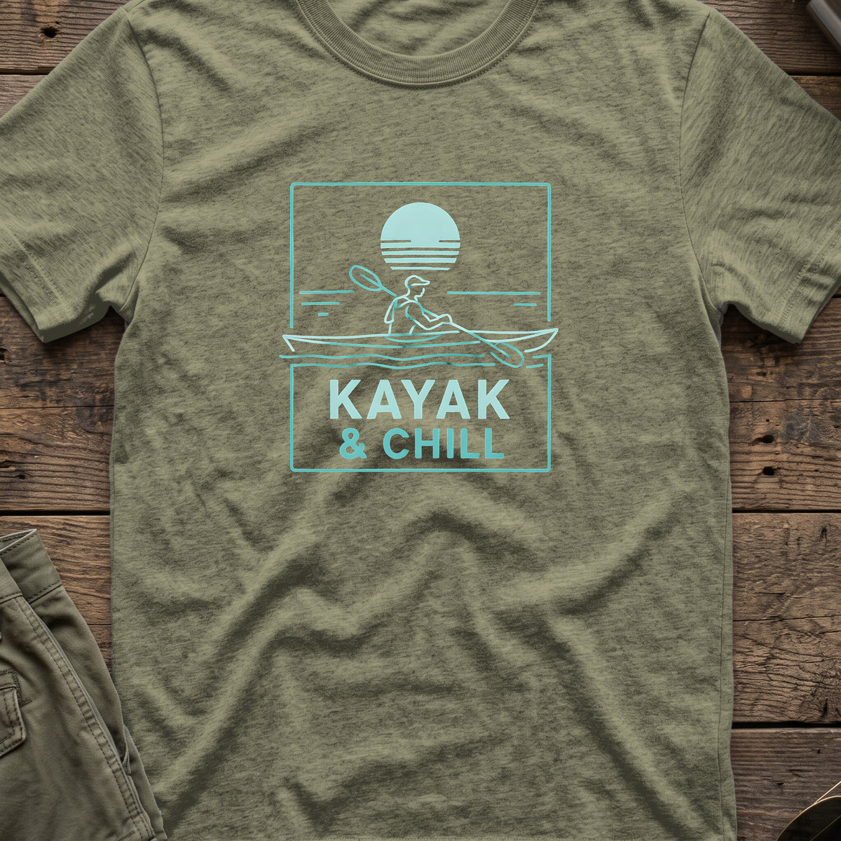 Kayak and Chill T-Shirt in Heather Military Green, front view.