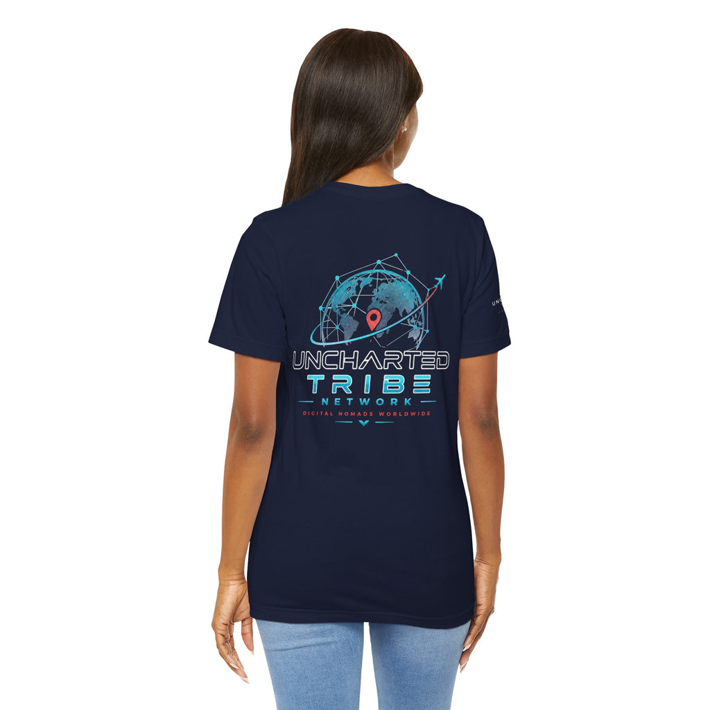 Uncharted Tribe Network — Cyber Unisex Jersey Short Sleeve Tee in Navy, back view on a model.