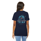 Uncharted Tribe Network — Cyber Unisex Jersey Short Sleeve Tee in Navy, back view on a model.
