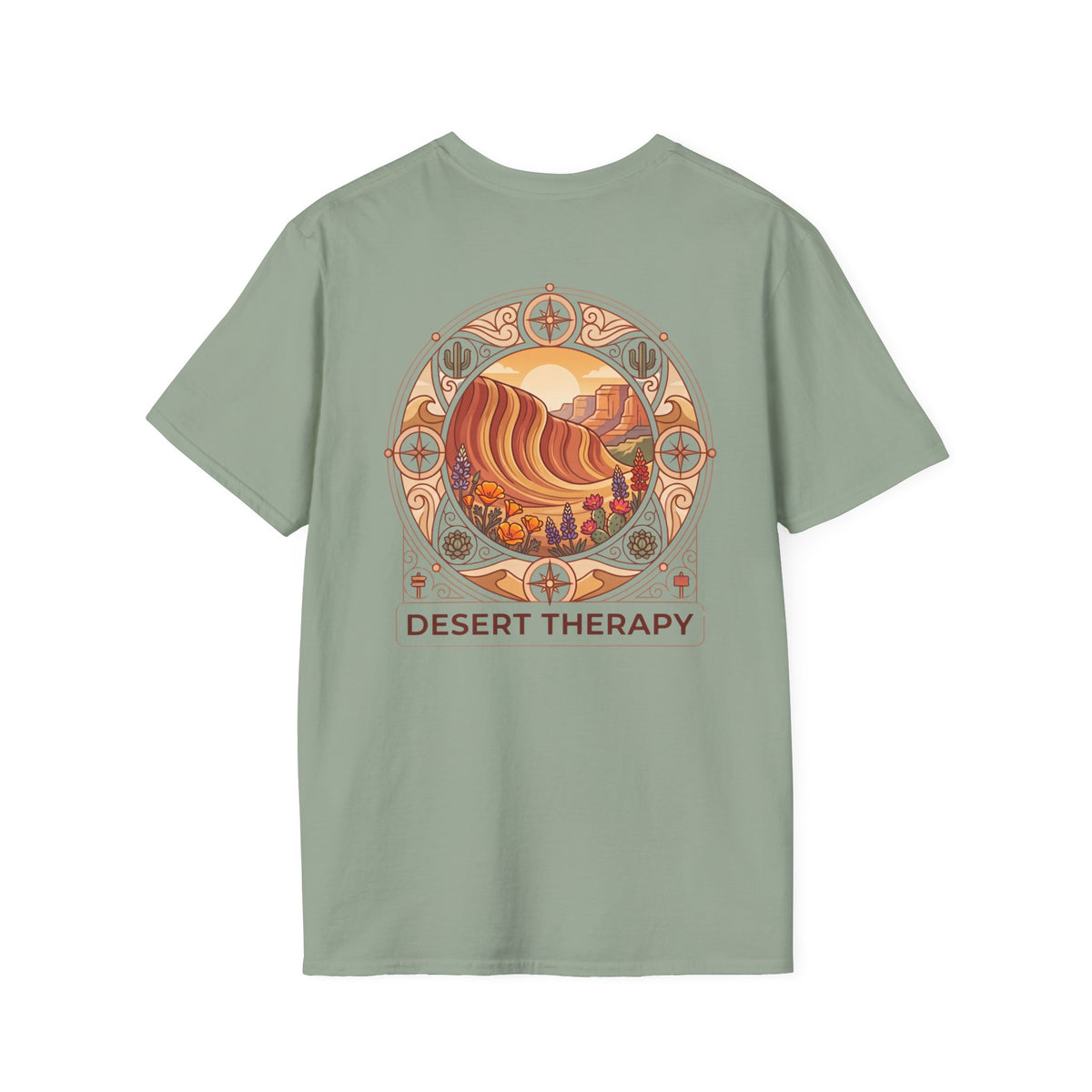 Desert Therapy T-Shirt — Desert Arch in Sage, back view.