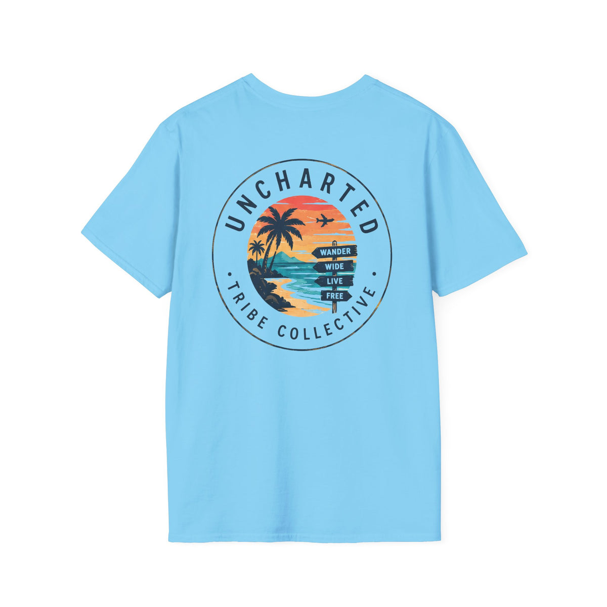 Uncharted Tribe Collective T-Shirt — Shoreline Seal in Sky, back view.