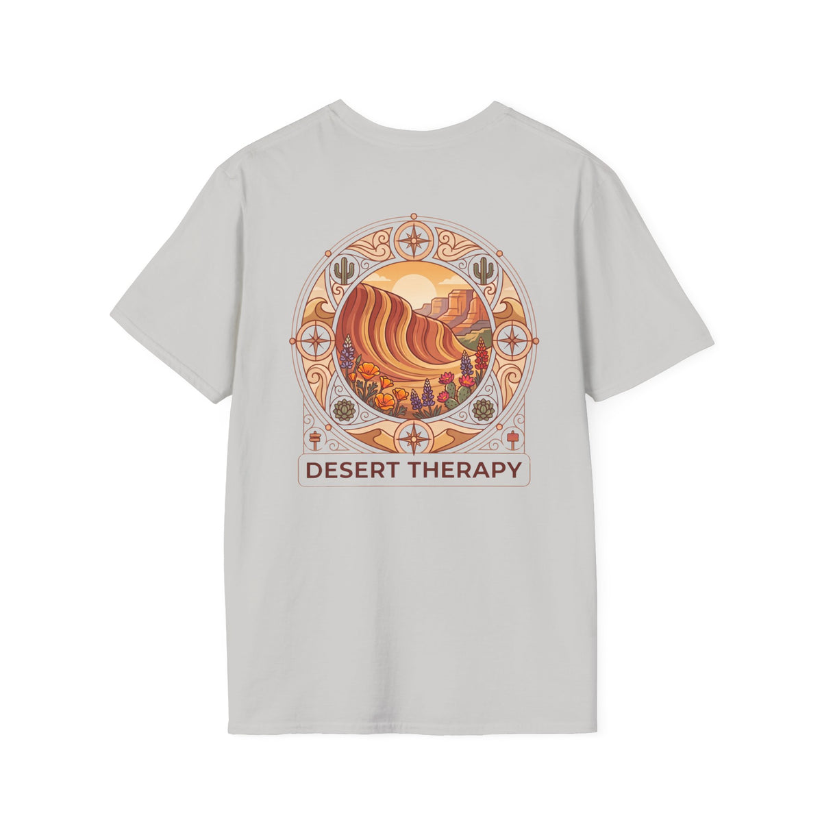 Desert Therapy T-Shirt — Desert Arch in Ice Grey, back view.