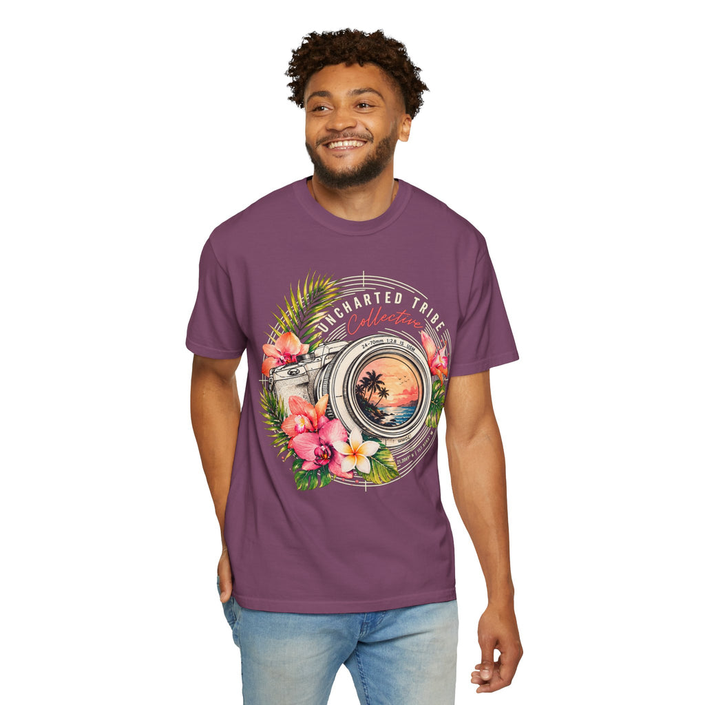 Floral Camera T-shirt in Berry, front view on a standing model.