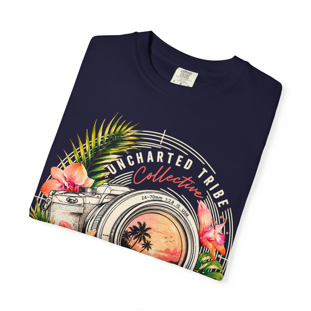 Floral Camera T-shirt in True Navy, folded front detail.