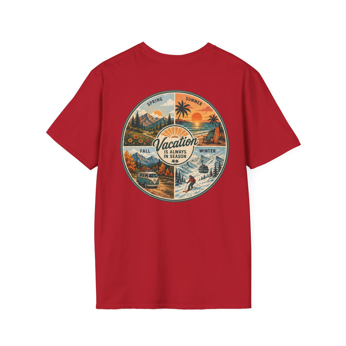 Vacation is Always in Season T-Shirt in Cherry Red, back view.